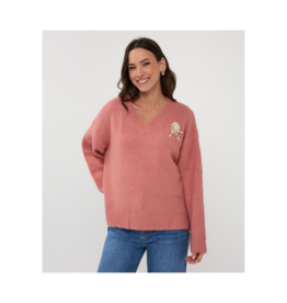 Esqualo V-Neck Brooch Sweater in Guave by Esqualo