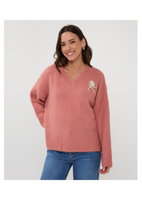 Esqualo V-Neck Brooch Sweater in Guave by Esqualo