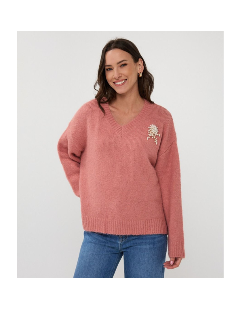 Esqualo V-Neck Brooch Sweater in Guave by Esqualo
