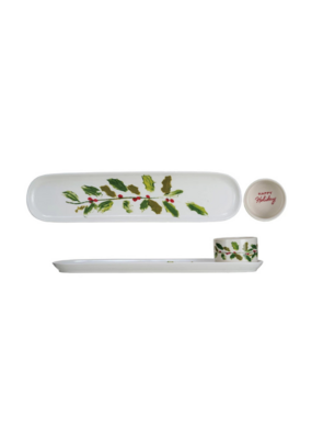 Creative Co-Op Holly Leaves Platter & Dish