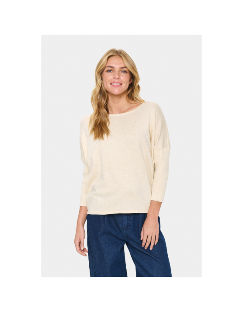 Saint Tropez Mila Round Neck Pullover in Brown Rice Melange by Saint Tropez