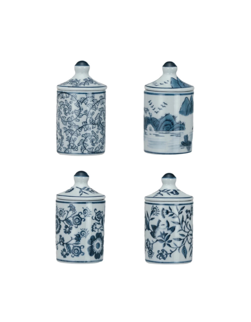 Creative Co-Op Blue & White Hand-Painted Spice Jar Assorted
