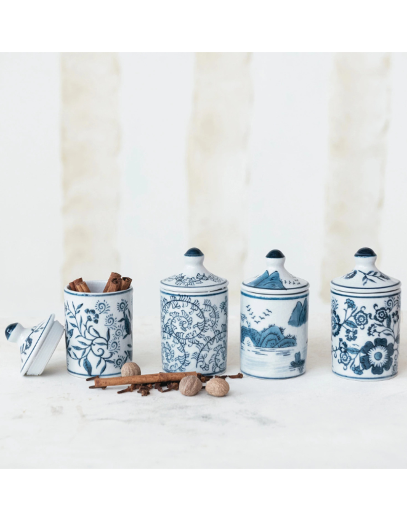 Creative Co-Op Blue & White Hand-Painted Spice Jar Assorted