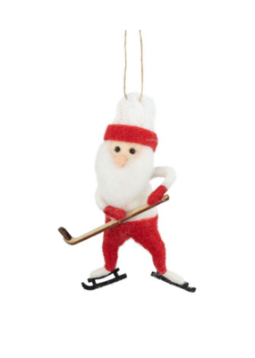 Felt Santa Playing Hockey Ornament