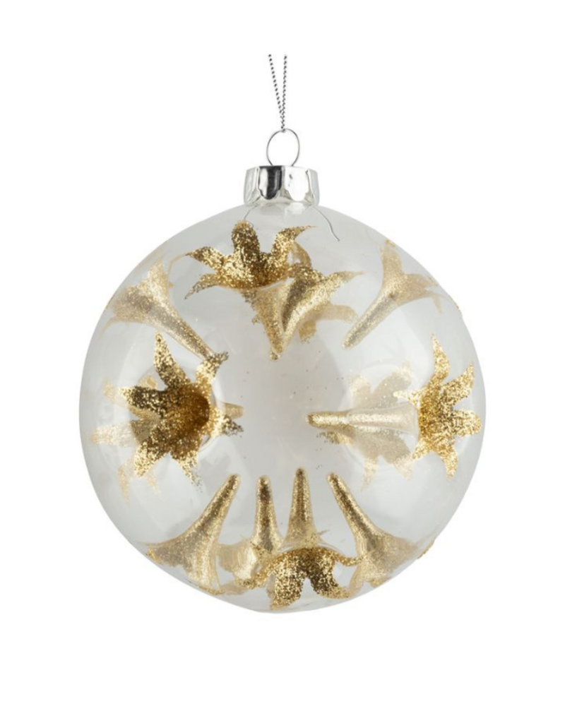 Clear Glass Trumpet Ball With Gold Glitter Ornament