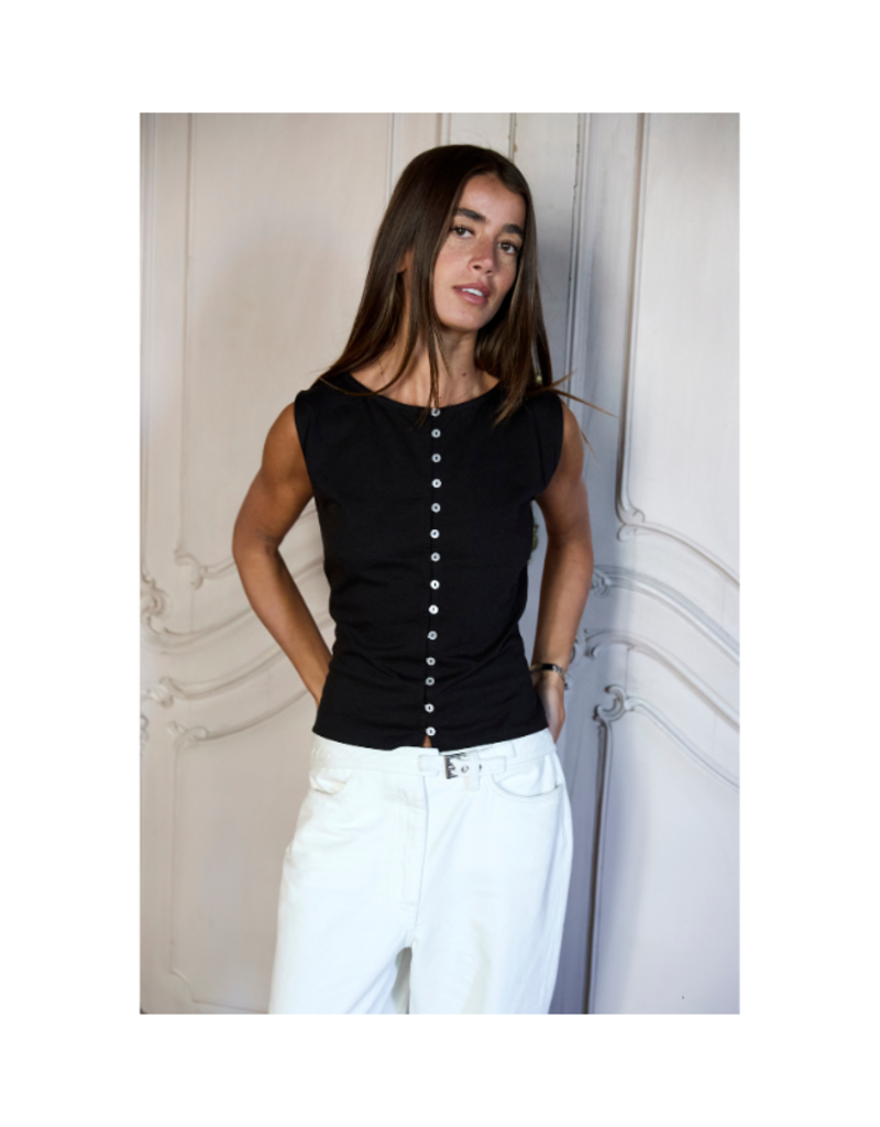 ICHI Sari Sleeveless Button Top in Black by ICHI