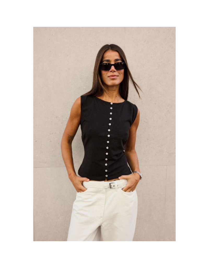 ICHI Sari Sleeveless Button Top in Black by ICHI
