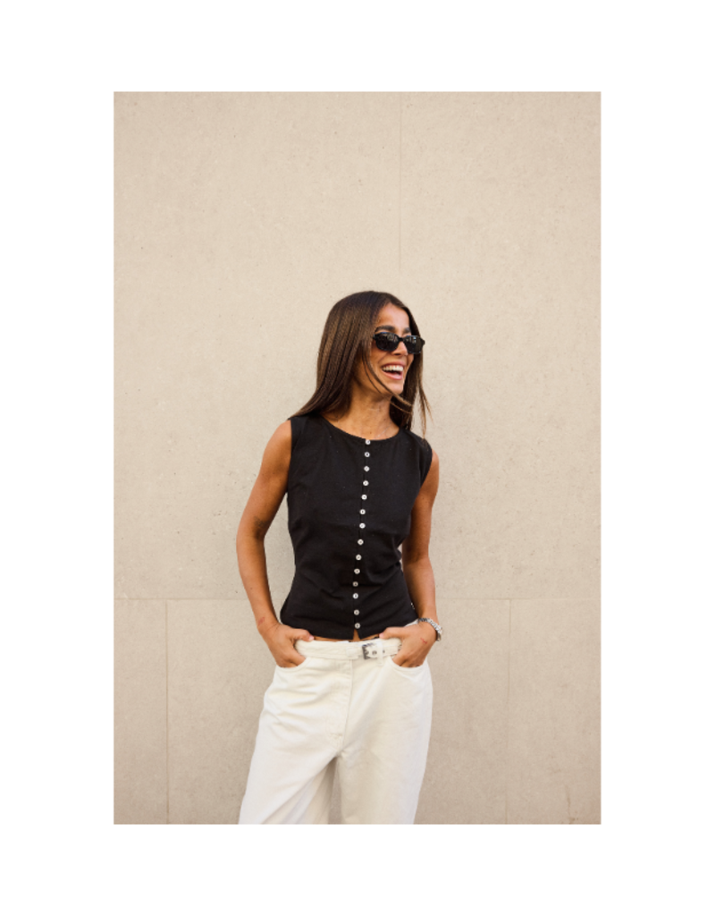 ICHI Sari Sleeveless Button Top in Black by ICHI
