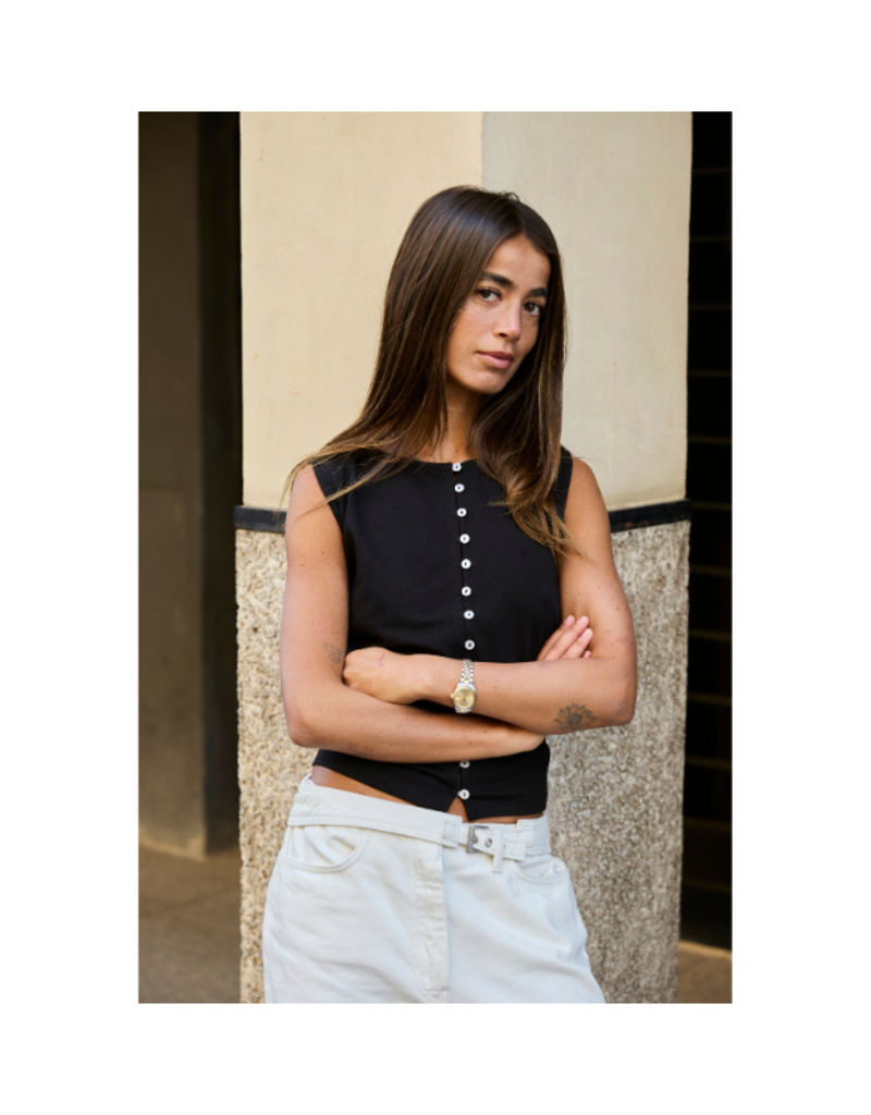 ICHI Sari Sleeveless Button Top in Black by ICHI