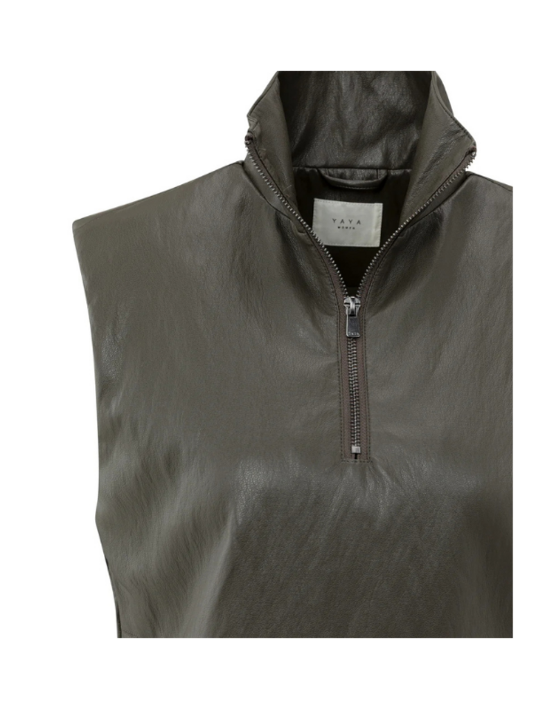 YAYA Faux Leather Sleeveless Top in Dark Taupe Grey by YAYA
