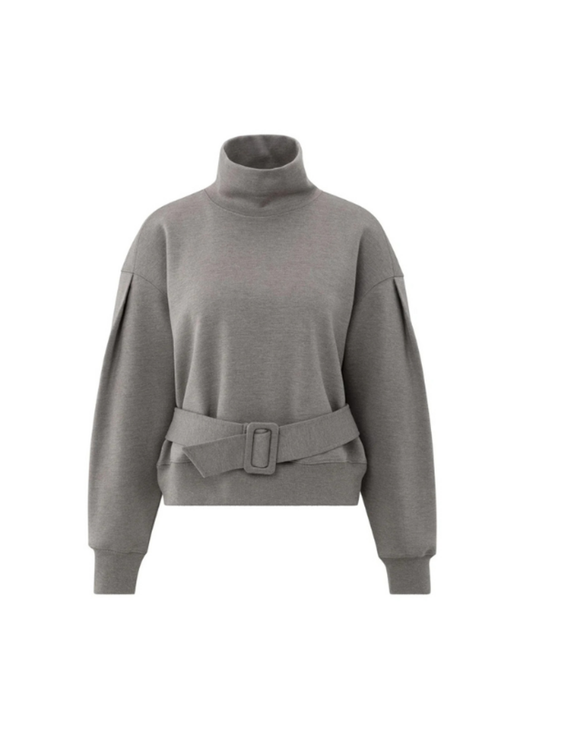 YAYA High Neck Sweater with Matching Belt in Dark Night Grey Melange by YAYA