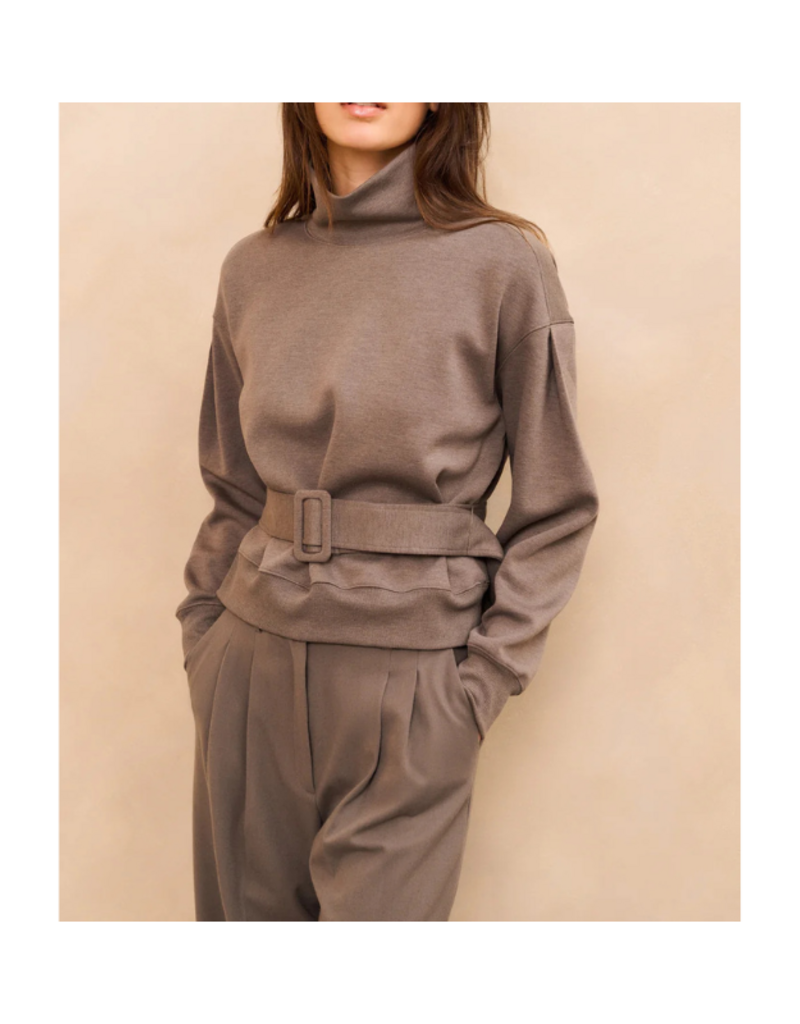 YAYA High Neck Sweater with Matching Belt in Dark Night Grey Melange by YAYA