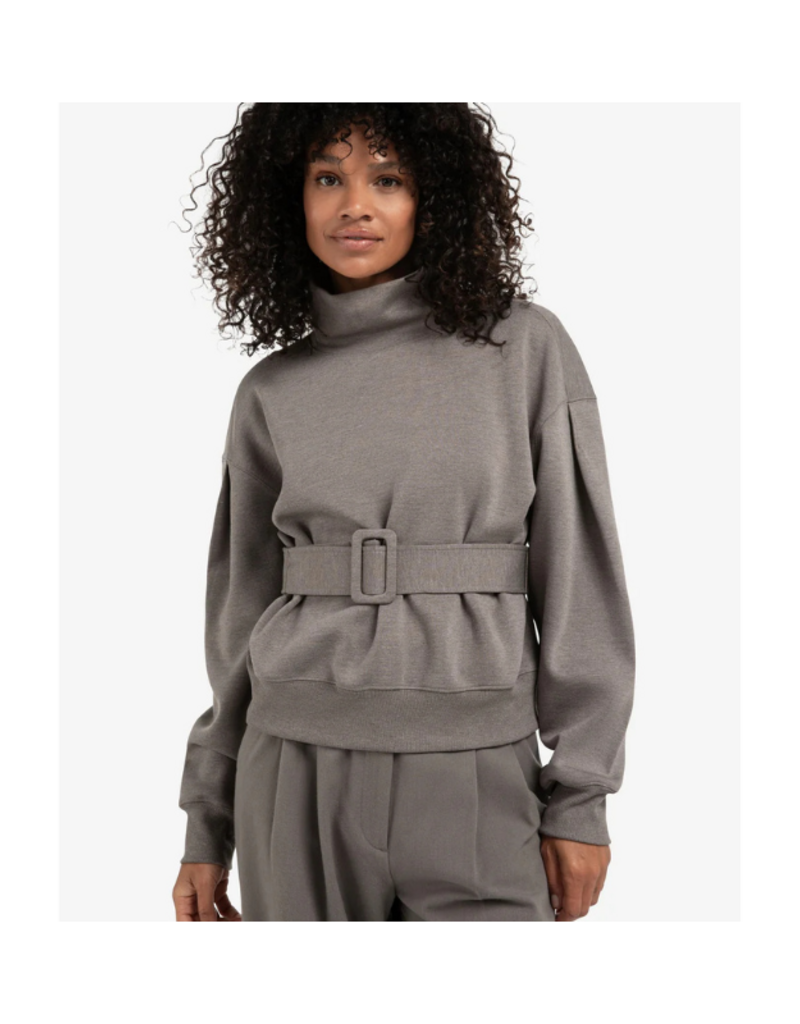 YAYA High Neck Sweater with Matching Belt in Dark Night Grey Melange by YAYA