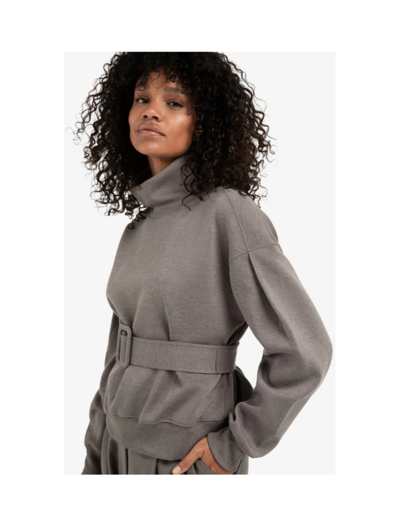 YAYA High Neck Sweater with Matching Belt in Dark Night Grey Melange by YAYA