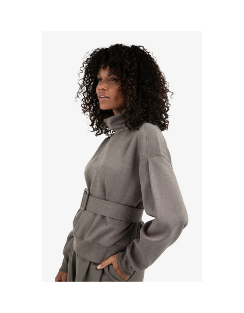 YAYA High Neck Sweater with Matching Belt in Dark Night Grey Melange by YAYA
