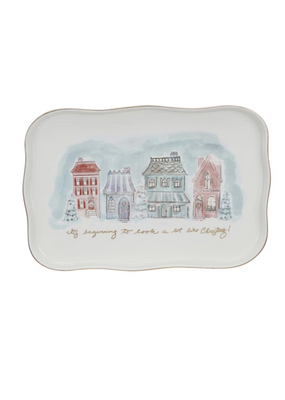 Creative Co-Op Stoneware Platter Village Christmas Scene