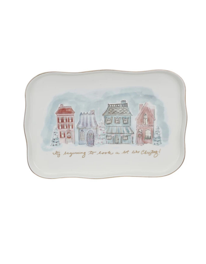 Creative Co-Op Stoneware Platter Village Christmas Scene