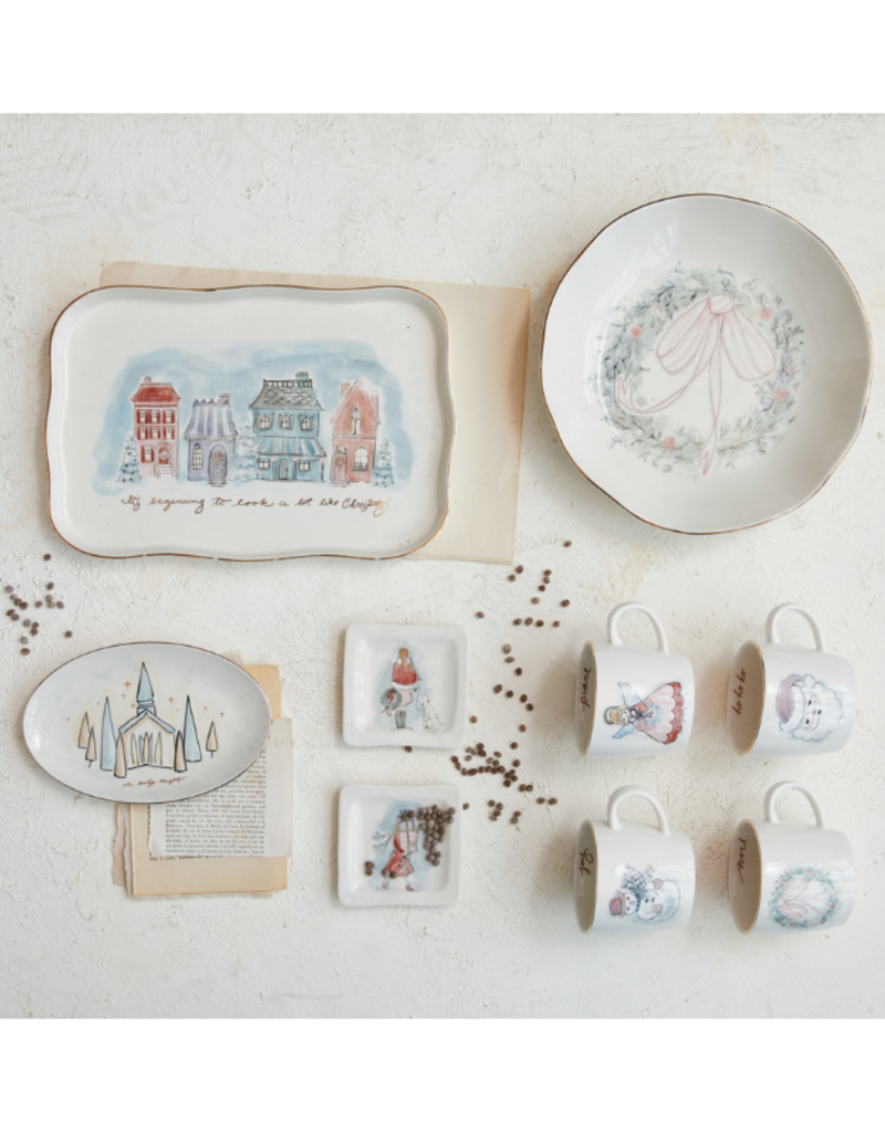 Creative Co-Op Stoneware Platter Village Christmas Scene