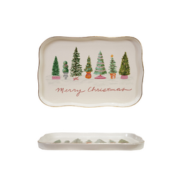 Creative Co-Op Stoneware Merry Christmas Trees Platter