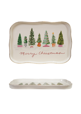 Creative Co-Op Stoneware Merry Christmas Trees Platter