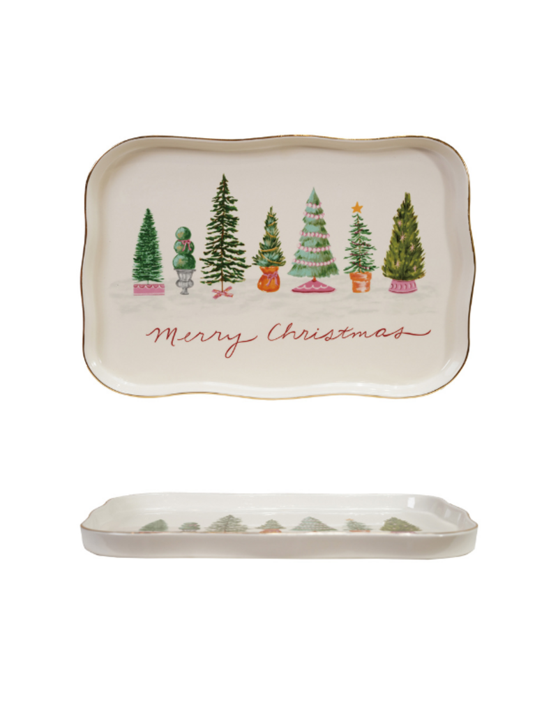 Creative Co-Op Stoneware Merry Christmas Trees Platter