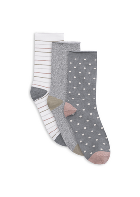 Lemon Loungewear Pillow Crew Socks in Pink/Grey Stripe & Dots - 3PK