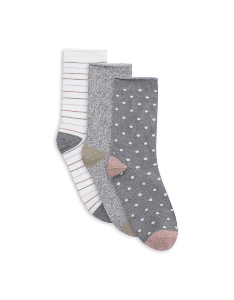 Lemon Loungewear Pillow Crew Socks in Pink/Grey Stripe & Dots - 3PK