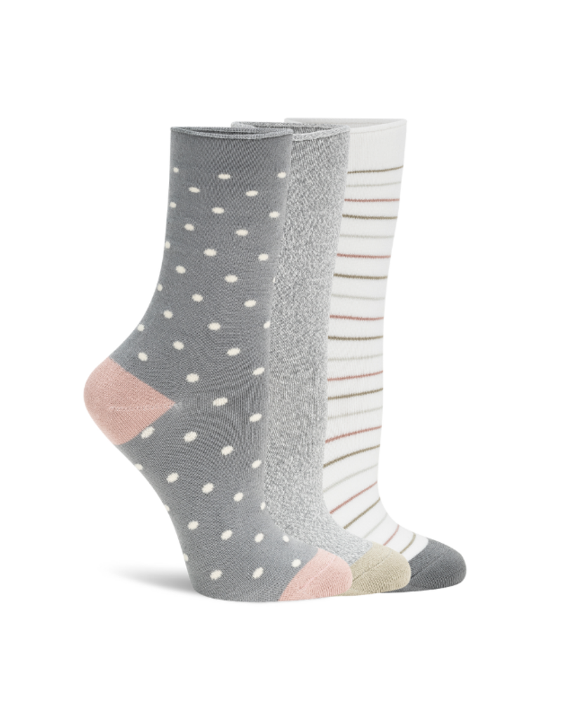 Lemon Loungewear Pillow Crew Socks in Pink/Grey Stripe & Dots - 3PK