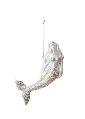 Creative Co-Op Glass Pearl and Glitter Silver Mermaid Ornament