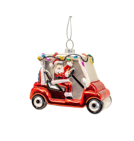 Glass Santa In Golf Cart Ornament