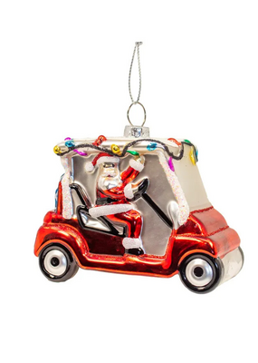 Glass Santa In Golf Cart Ornament