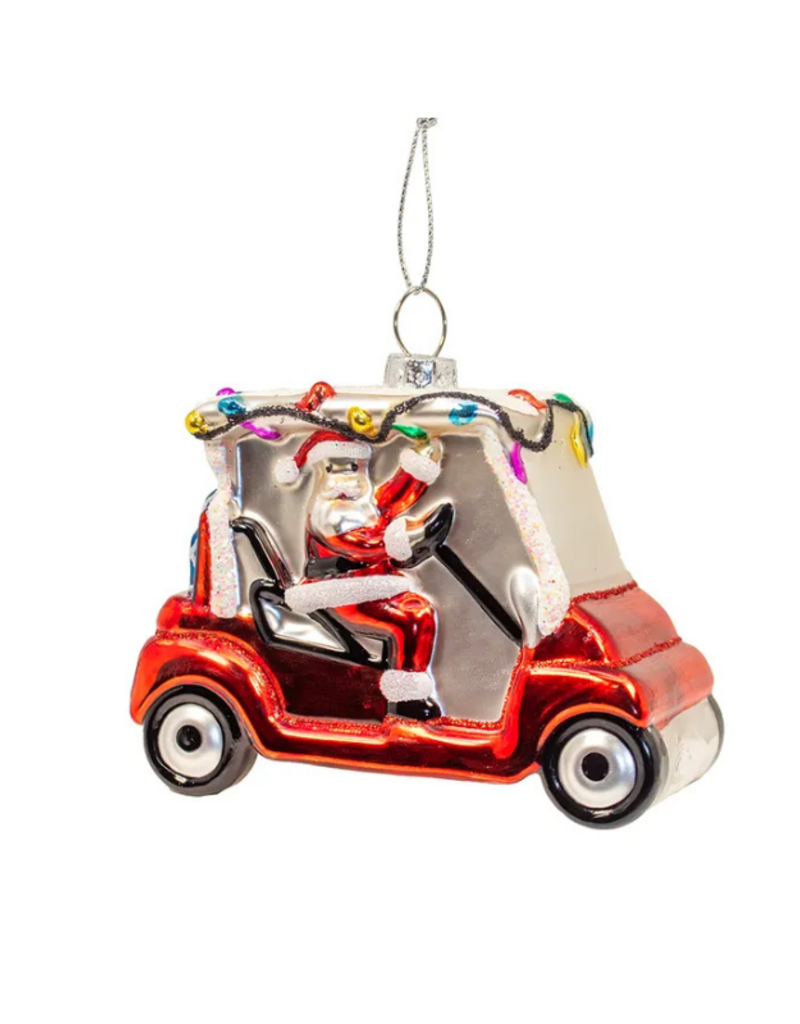 Glass Santa In Golf Cart Ornament