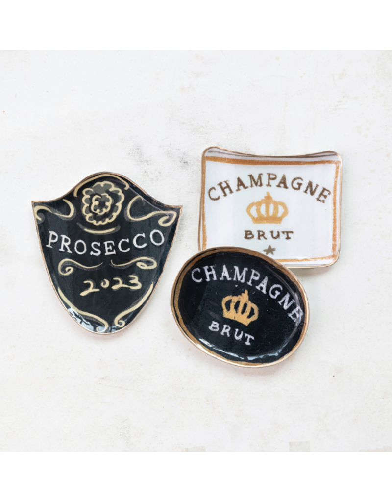 Creative Co-Op Enameled Metal Tray Champagne Brut in White