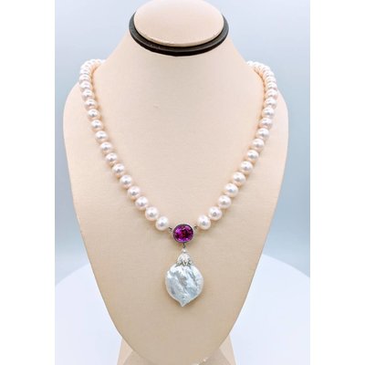 Necklace Pearl Lab Pink Sapphire 14/18K 17" Necklace Pearl Lab Pink Sapphire 14/18K 17"