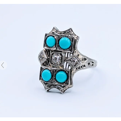 Ring Antique Turquoise & Dia 18kw Sz6 Ring Antique Turquoise & Dia 18kw Sz6
