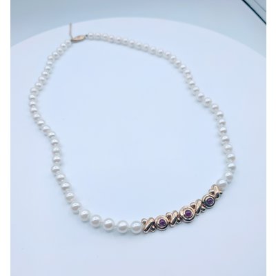 Necklace Pearl and Ruby Cab 14KY 18" 218100202 Necklace Pearl and Ruby Cab 14KY 18" 218100202