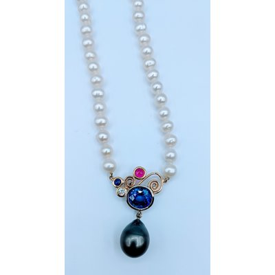 Necklace Freshwater Pearl 6.58mm Sapphire 6.24ctw, Diamond .22ct, Ruby .21ct, Tahitian Pearl 16x12.28mm 219120111 Necklace Freshwater Pearl 6.58mm Sapphire 6.24ctw, Diamond .22ct, Ruby .21ct, Tahitian Pearl 16x12.28mm 219120111