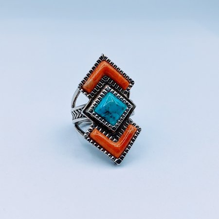 Ring Tourquoise & Coral Silver Sz7.25 120090171