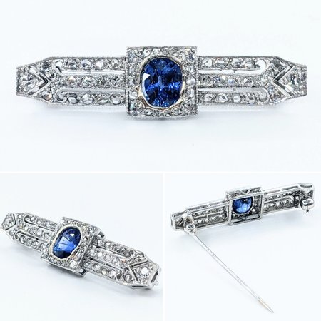 Brooch .33ctw Round Single Cut Diamonds 6.5x5.5mm Sapphire 18kw 37.5x9mm 221120135