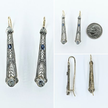 Earrings Art Deco .33ctw Old European Diamonds Syn Sapphires 14kw 37x6.5mm 222030007