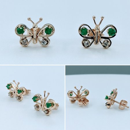Earrings Butterflies .04ctw Round Diamonds (4)2.5mm Emeralds 14ky 12.5x11.5mm 222090019