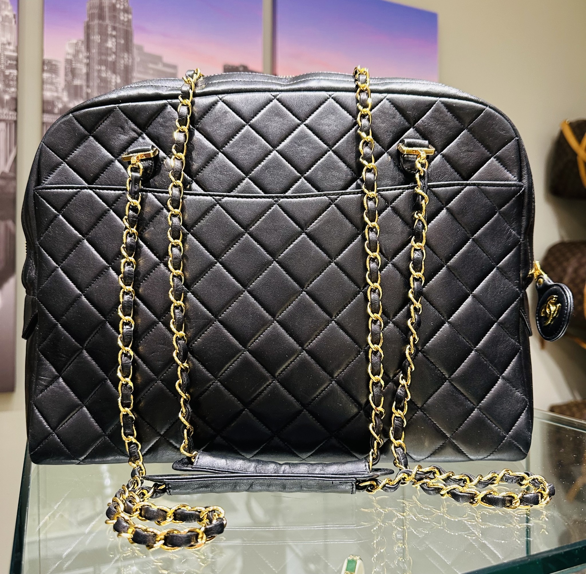 Chanel Vintage Large Quilted Flap Bag Black Gold Shoulder Bag