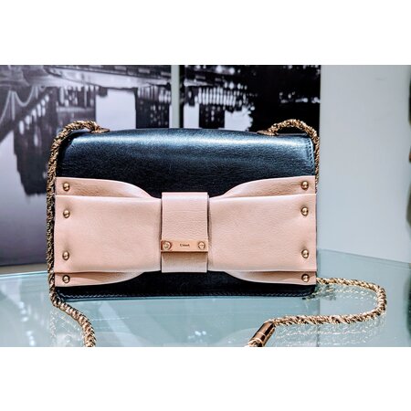 Handbag Chloe June Bow Beige & Black Leather 123050009