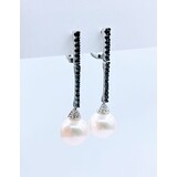  Earrings Drop .06ctw Diamonds .42ctw Sapphire, 9mm Pearls 1.35" 123050146