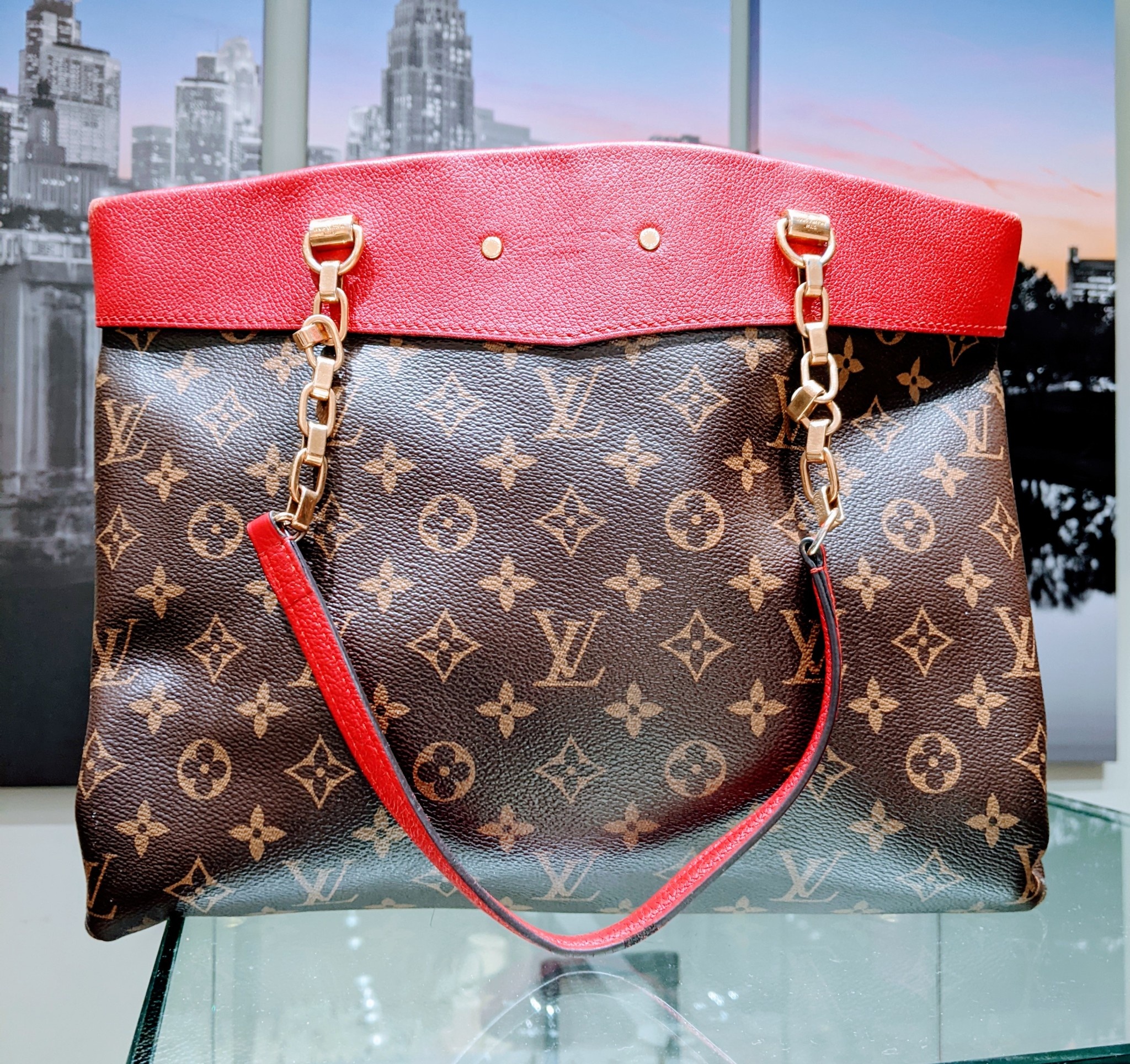 Handbag Louis Vuitton Cerise Monogram Pallas Shopper Red Leather 123070028  - Heritage Estate Jewelry