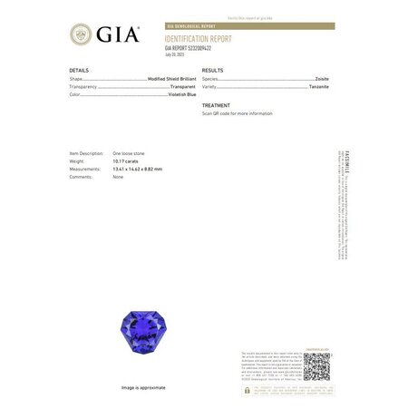 Loose Gemstone GIA 10.17ct Modified Shield Tanzanite 14.5x14x8.85mm 123050098