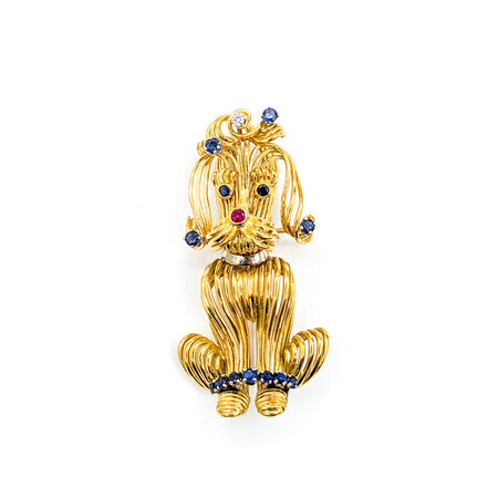 Brooch Vintage Poodle .06ct Round Diamond 1.0ctw Sapphires and Ruby 18ky 57x28.5mm 223100022