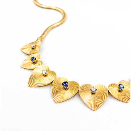 Necklace Vintage Hearts .24ctw Round Diamonds .44ctw Sapphires 14ky 16" 223100025