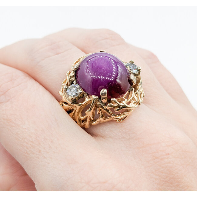 Ring Vintage .50ctw Round Diamonds 16x15mm Lab Grown Star Ruby 14ky Sz9 223090011