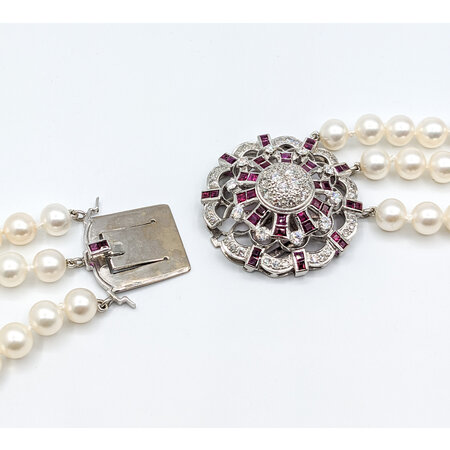 Necklace 1.51ctw Round Diamonds 1.60ctw/7.5mm Rubies/Pearls 14kw 21" 223100066